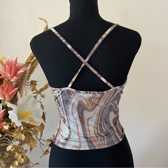 Brown and Cream Marble Print Cross Back Crop Top - Picture 2 of 8